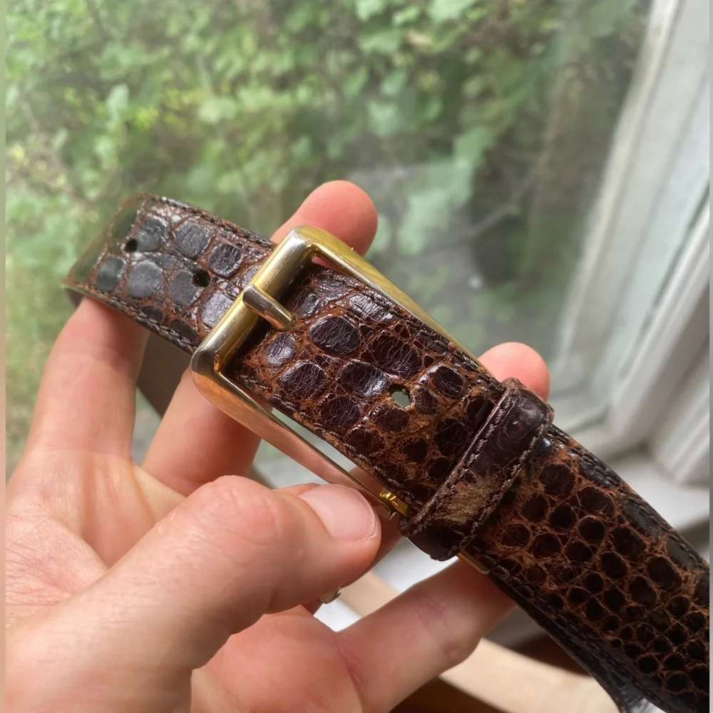 De Vecchi Brown Crocodile Leather Belt with Brass Buckle made in Italy